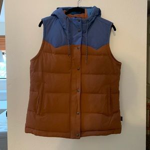 PATAGONIA bivy hooded vest, tan & blue, size L